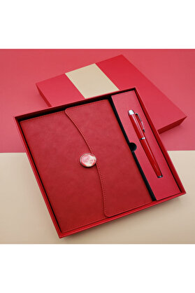 evimdeyokyok Çizgili Defter Ve Metal Kalem Seti Kırmızı