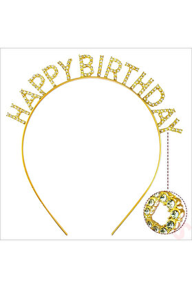 Ethab Ti̇caret Altın Gold Renk Kri̇stal Taşlı Parlak Happy Bi̇rthday Taç