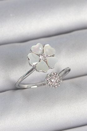 Evi̇mdeyokyok Pi̇ri̇nç Gümüş Renk Beyaz Mi̇neli̇ Çi̇çek Model Zi̇rkon Taş Detay Kadın Yüzük Tj-Byk3712