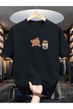 dubu butik Bear Bubble Tea Baskılı Oversize Süprem T-shirt
