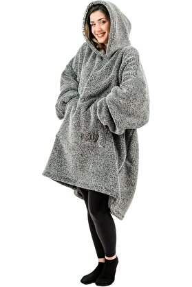 STOREMAX Oversize Giyilebilir Battaniye TEK BEDEN ÇOK RAHAT Hoodie Peluş Kapüşonlu Sweatshirt (Gri-Siyah) 10