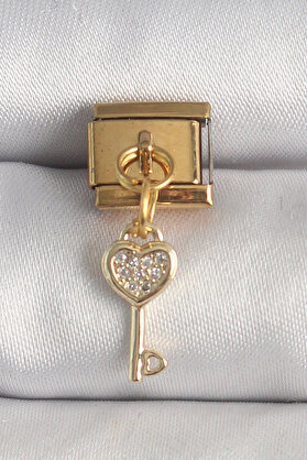 Belle Fusi̇on 316L Çeli̇k Gold Renk Sallantı Zi̇rkon Taşlı Kalpli̇ Anahtar Model Nomi̇nati̇on Charm