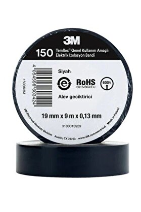 3M Siyah İzole Elektrik Bantı (0,13mmx19mmx9,14Metre) Elektrik Bandı SİYAH 3m