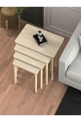 DESENGO Obim 4lü Traverten Ahşap Ayaklı Zigon Sehpa-çay Sehpası-servis Sehpası-salon Sehpası-modern Tasarım