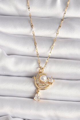Toptan Bulurum 316L Gold Renk Zirkon Taşlı Ay Yıldız Model Sallantı Detay Kadın Ke