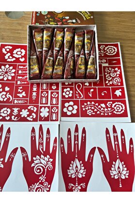 Ai̇rbrush Tattoo Golecha 12 Adet Doğal Kına Rengi̇ Ve 4 Sayfa El Vücut Süsleme Şablonu Hedi̇yeli̇