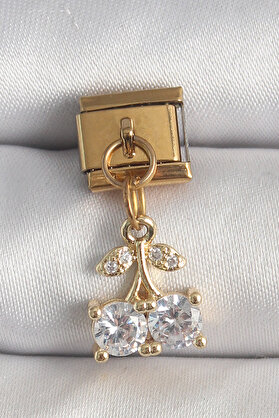 Toptan Bulurum 316L Çelik Gold Renk Sallantı Zirkon Taşlı Kiraz Model Nomination Charm