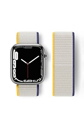 CepteToptan Apple Watch 38mm Hasırlı Cırtcırtlı Kordon - Sarı-Beyaz