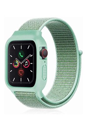 CepteToptan Apple Watch 42mm Hasırlı Cırtcırtlı Kasalı Kordon - Turkuaz - DROPX8907-5592
