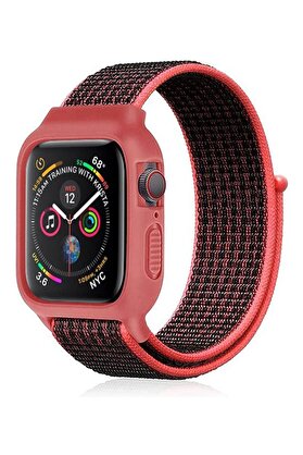 CepteToptan Apple Watch 42mm Hasırlı Cırtcırtlı Kasalı Kordon - Siyah-Pembe - DROPX3904-3519