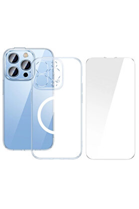 CepteToptan iPhone 15 Pro Max Crystal Serisi Manyetik Magsafe Silikon Kılıf + Tempered Ekr - DROPX5443-8846