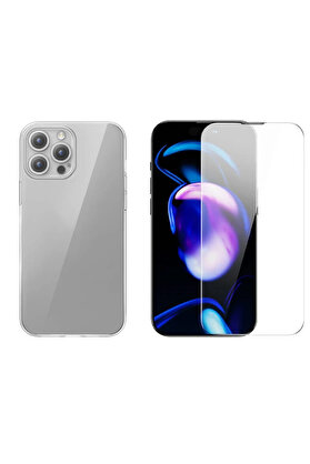 CepteToptan iPhone 15 Pro Schott Serisi Şeffaf Silikon Kılıf + Tempered Ekran Koruyucu Se - DROPX7023-9779