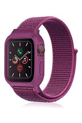 CepteToptan Apple Watch 38mm Hasırlı Cırtcırtlı Kasalı Kordon - Fuşya - DROPX7612-5340