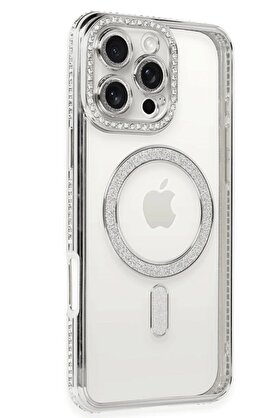 Toptan Bulurum iPhone 16 Pro Kılıf Joke Simli Magneticsafe Kılıf - Gümüş