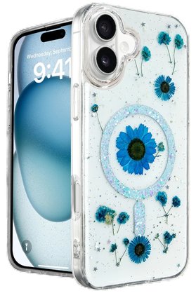 Toptan Bulurum iPhone 16 Kılıf Daisy Simli Magsafe Kapak - Mavi