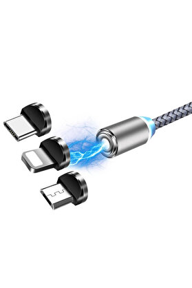 CepteToptan ALLY 2M Magnetic-Miknatisli Usb Sarj Kablosu 3 Baslik(iPhone+Type-C+Micro-(1903) - DROPX3508-7837