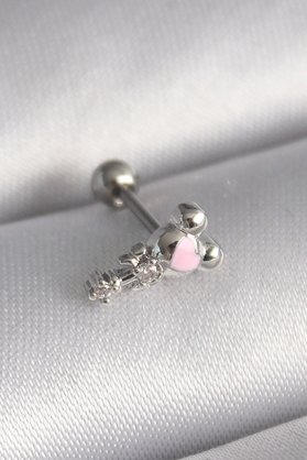 Sayemons 316L Çelik Gümüş Renk Zirkon Taş Detay Pembe Kalp İşleme Tragus Piercing