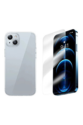 CepteToptan iPhone 15 Plus Uyumlu Corning Serisi Silikon Kılıf + Tempered Ekran Koruyucu Set