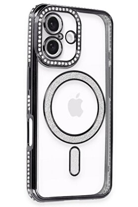Toptan Bulurum iPhone 16 Kılıf Joke Simli Magneticsafe Kılıf - Siyah