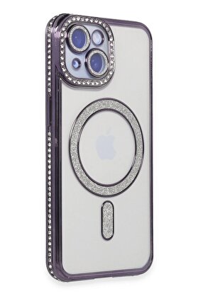Toptan Bulurum iPhone 14 Kılıf Joke Simli Magneticsafe Kılıf - Derin Mor