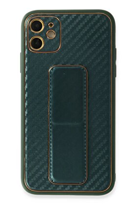 CepteToptan iPhone 12 Kılıf Coco Karbon Standlı Kapak - Yeşil - DROPX2631-7893