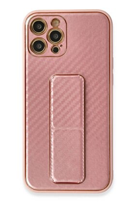CepteToptan iPhone 12 Pro Kılıf Coco Karbon Standlı Kapak - Pembe - DROPX5039-6242