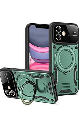 CepteToptan iPhone 11 Kılıf Joy Lens Standlı Kapak - Koyu Yeşil - DROPX2529-8249