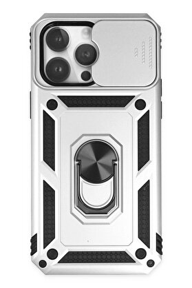 CepteToptan iPhone 14 Pro Max Kılıf Pars Lens Yüzüklü Silikon - Gümüş - DROPX2891-5722