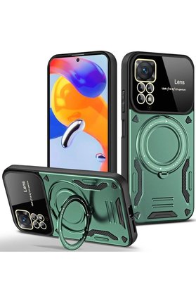 CepteToptan Xiaomi Redmi Note 11 Pro Kılıf Joy Lens Standlı Kapak - Koyu Yeşil - DROPX7209-5558