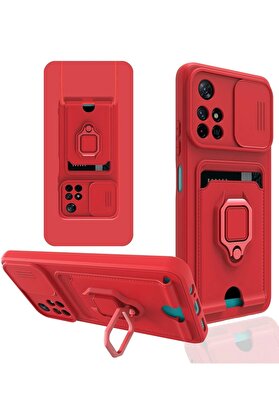 CepteToptan Xiaomi Redmi Note 11T Kılıf Zuma Kartvizitli Yüzüklü Silikon - Kırmızı - DROPX6000-3119
