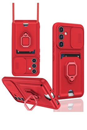 CepteToptan Samsung Galaxy S24 FE Kılıf Zuma Kartvizitli Yüzüklü Silikon - Kırmızı - DROPX4253-8998