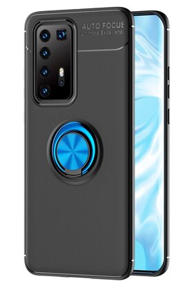CepteToptan Huawei P40 Pro Kılıf Range Yüzüklü Silikon - Siyah-Mavi - DROPX6409-2488