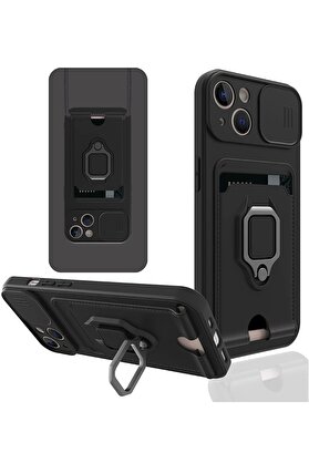 CepteToptan iPhone 14 Plus Kılıf Zuma Kartvizitli Yüzüklü Silikon - Siyah - DROPX4983-4308
