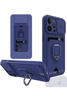 CepteToptan iPhone 14 Pro Kılıf Zuma Kartvizitli Yüzüklü Silikon - Lacivert - DROPX8538-8715