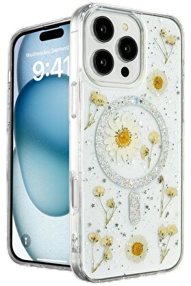 CepteToptan iPhone 16 Pro Max Kılıf Daisy Simli Magsafe Kapak - Gümüş - DROPX6271-2341