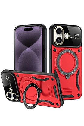 Toptan Bulurum iPhone 16 Kılıf Joy Lens Standlı Kapak - Kırmızı
