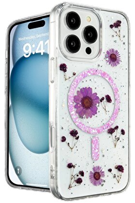 CepteToptan iPhone 16 Pro Max Kılıf Daisy Simli Magsafe Kapak - Mor - DROPX3547-1465