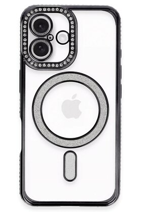 CepteToptan iPhone 16 Plus Kılıf Joke Simli Magneticsafe Kılıf - Siyah - DROPX9224-3847