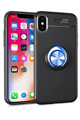 CepteToptan iPhone XS Max Kılıf Range Yüzüklü Silikon - Siyah-Mavi - DROPX1993-8750