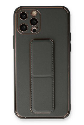 CepteToptan iPhone 12 Pro Kılıf Coco Deri Standlı Kapak - Füme - DROPX5385-1528