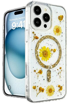 CepteToptan iPhone 16 Pro Kılıf Daisy Simli Magsafe Kapak - Gold - DROPX4987-2355