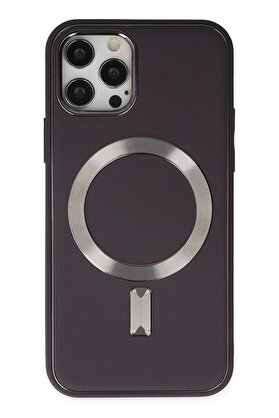 CepteToptan iPhone 12 Pro Max Kılıf Coco Deri Magneticsafe Silikon - Derin Mor - DROPX1525-7106