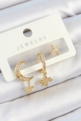 Evi̇mdeyokyok Pi̇ri̇nç Zi̇rkon Taşlı Çi̇çek Ve Ay Model Gold Renk 3 Lü Çi̇ft Kadın Küpe Set Tj-Bkp10827