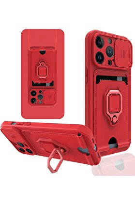 CepteToptan iPhone 13 Pro Max Kılıf Zuma Kartvizitli Yüzüklü Silikon - Kırmızı - DROPX5994-8727