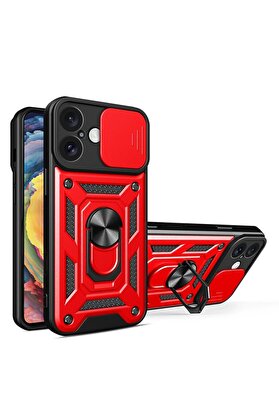 CepteToptan iPhone 16 Kılıf Pars Lens Yüzüklü Silikon - Kırmızı - DROPX8408-9404