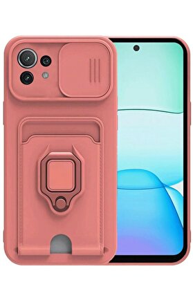 CepteToptan Xiaomi Mİ 11 Lite Kılıf Zuma Kartvizitli Yüzüklü Silikon - Pembe - DROPX4071-9143