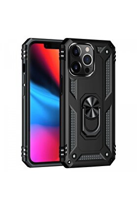 CepteToptan iPhone 13 Pro Kılıf Sofya Yüzüklü Silikon Kapak - Siyah - DROPX7818-8630