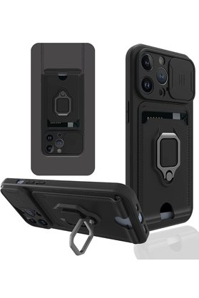 CepteToptan iPhone 14 Pro Kılıf Zuma Kartvizitli Yüzüklü Silikon - Siyah - DROPX6310-4397