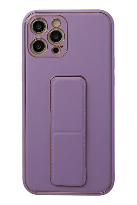 CepteToptan iPhone 12 Pro Kılıf Coco Deri Standlı Kapak - Lila - DROPX3071-6495