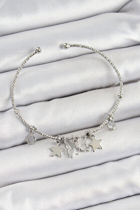 HERŞEYBURDAMODA Pirinç Zirkon Taşlı Kelebek Ve Yıldız Model Gümüş Renk Charm Bileklik